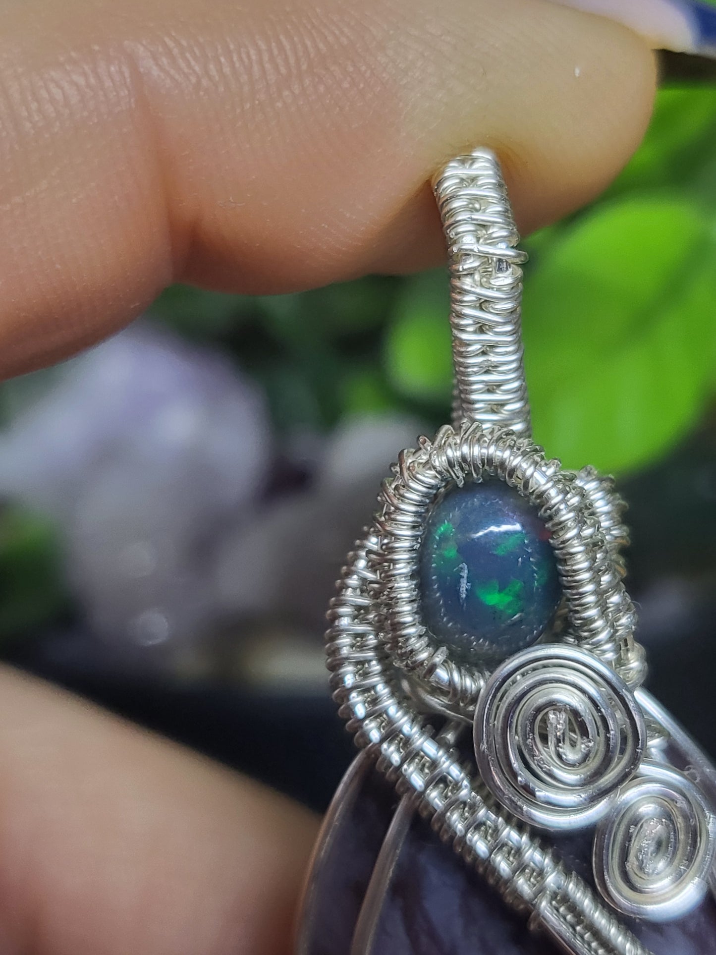Ocean Jasper and black opal coffin pendant