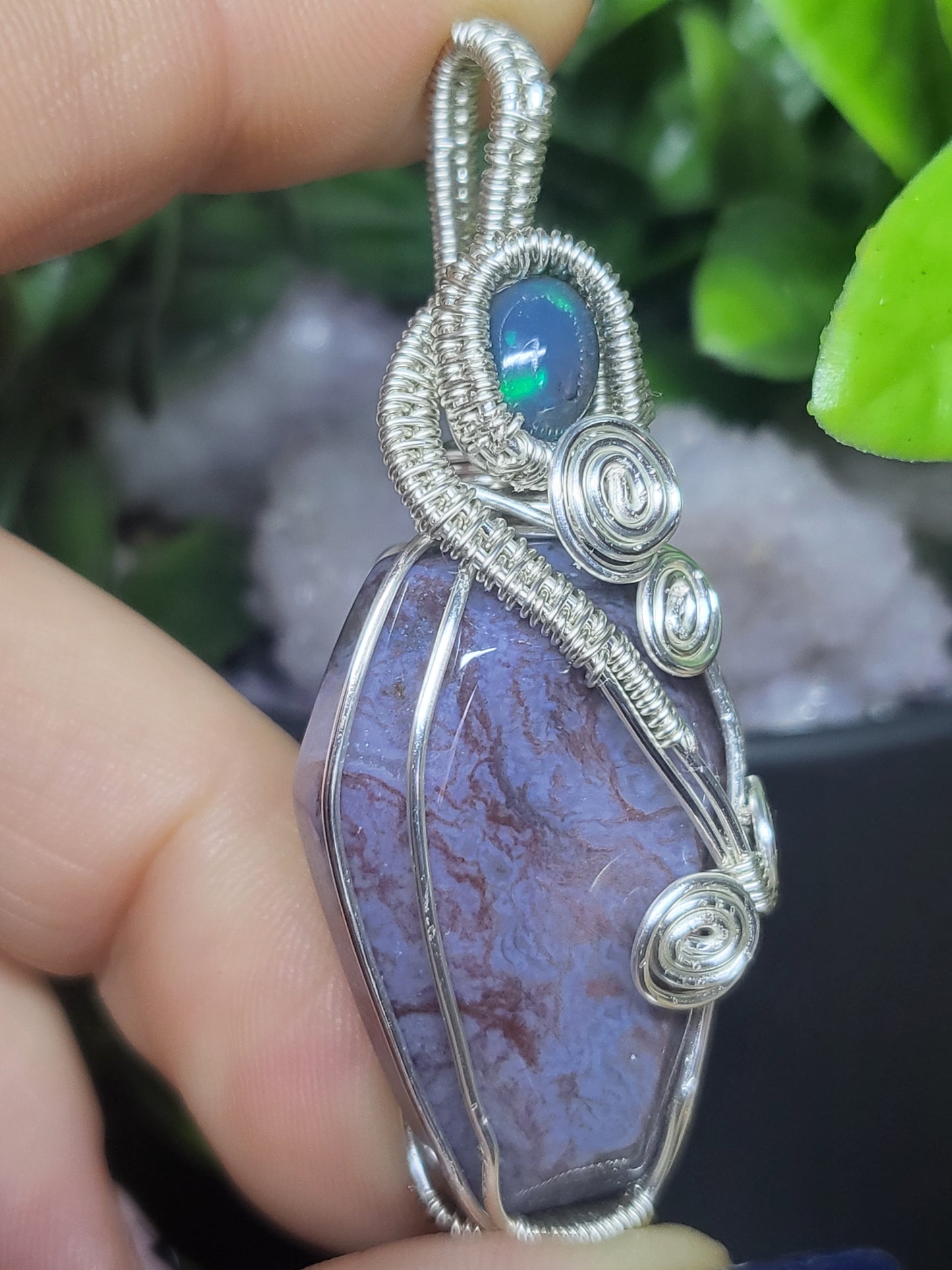 Ocean Jasper and black opal coffin pendant