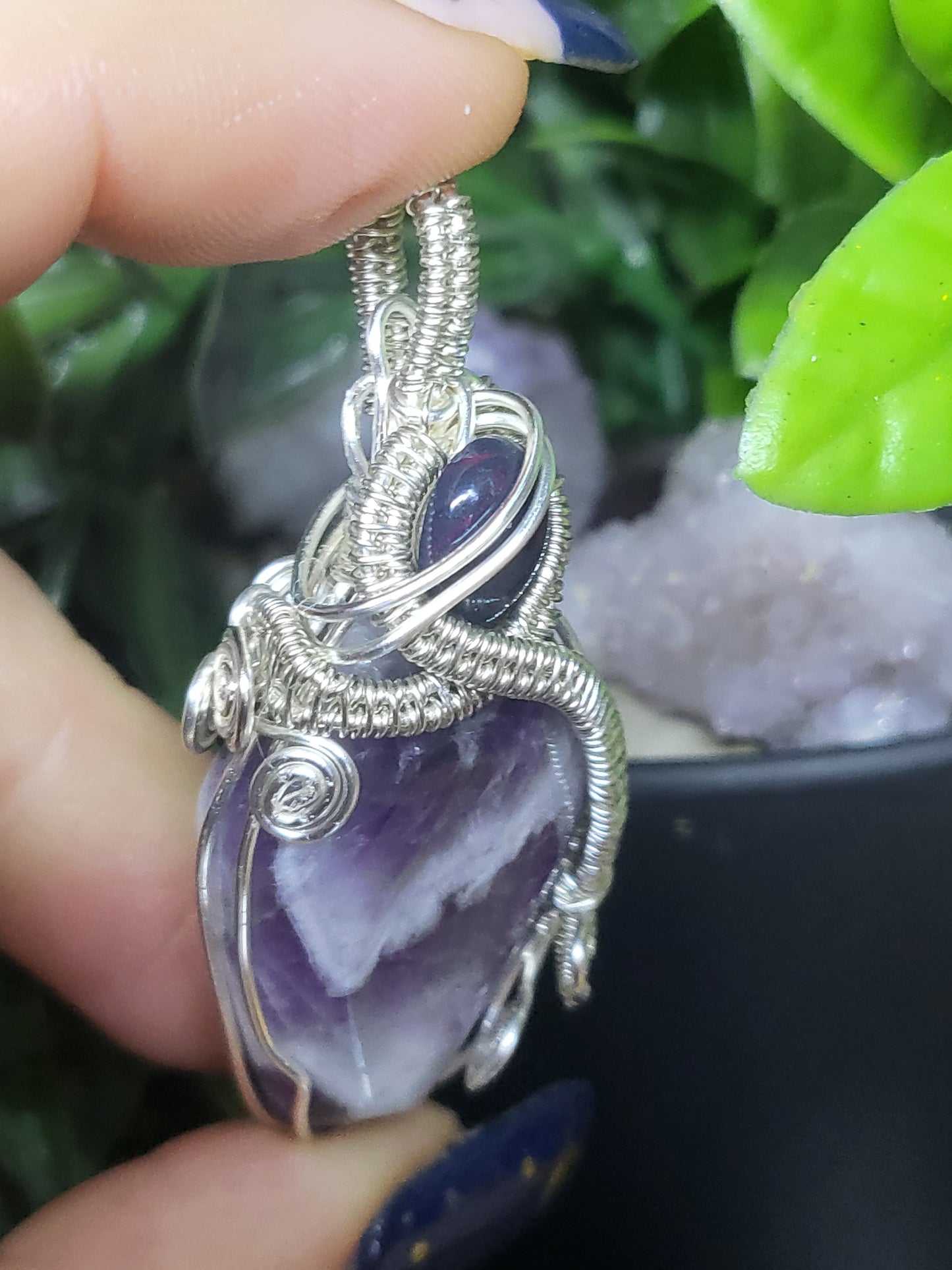 Chevron amethyst coffin pendant with black opal