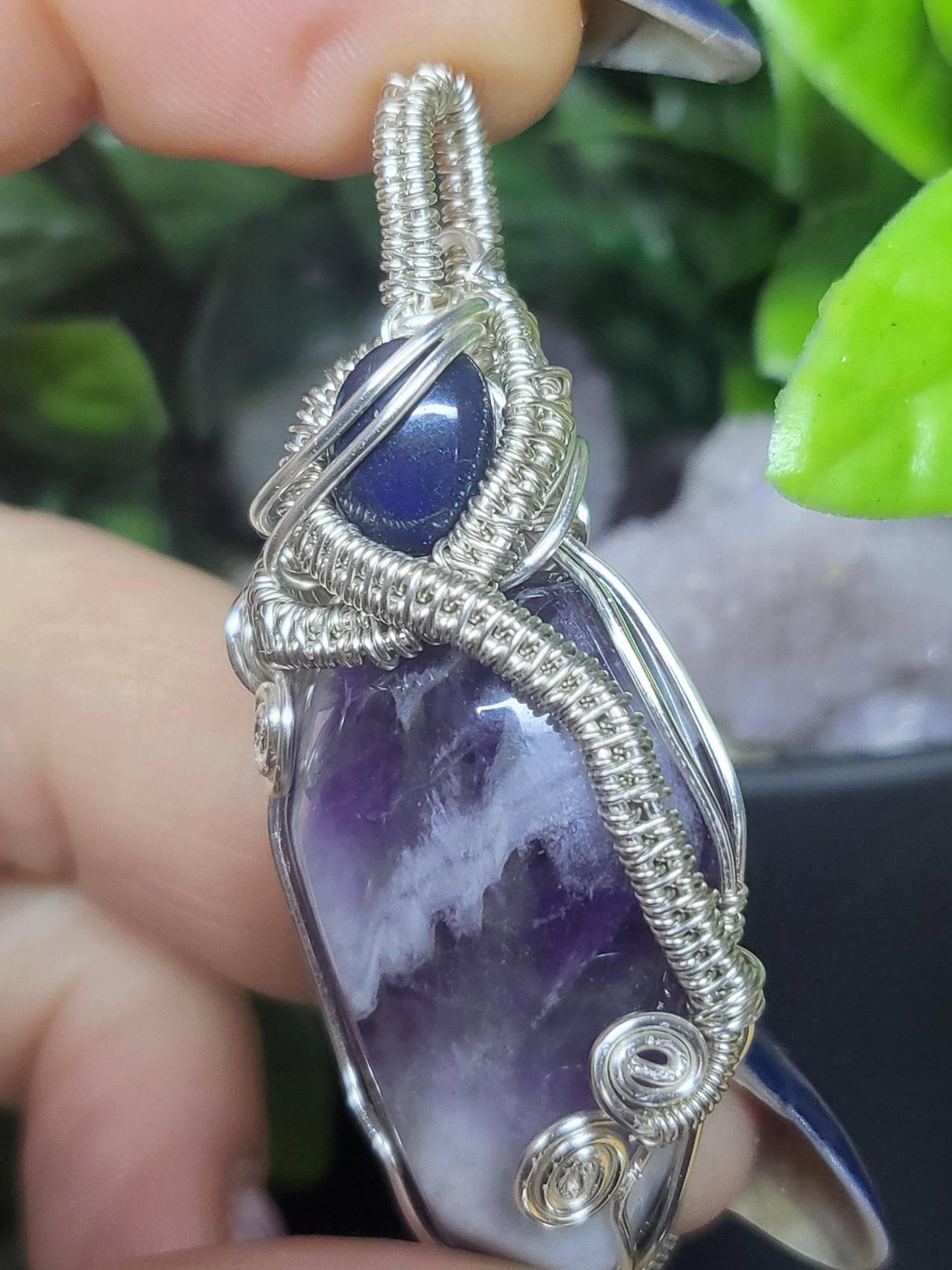 Chevron amethyst coffin pendant with black opal