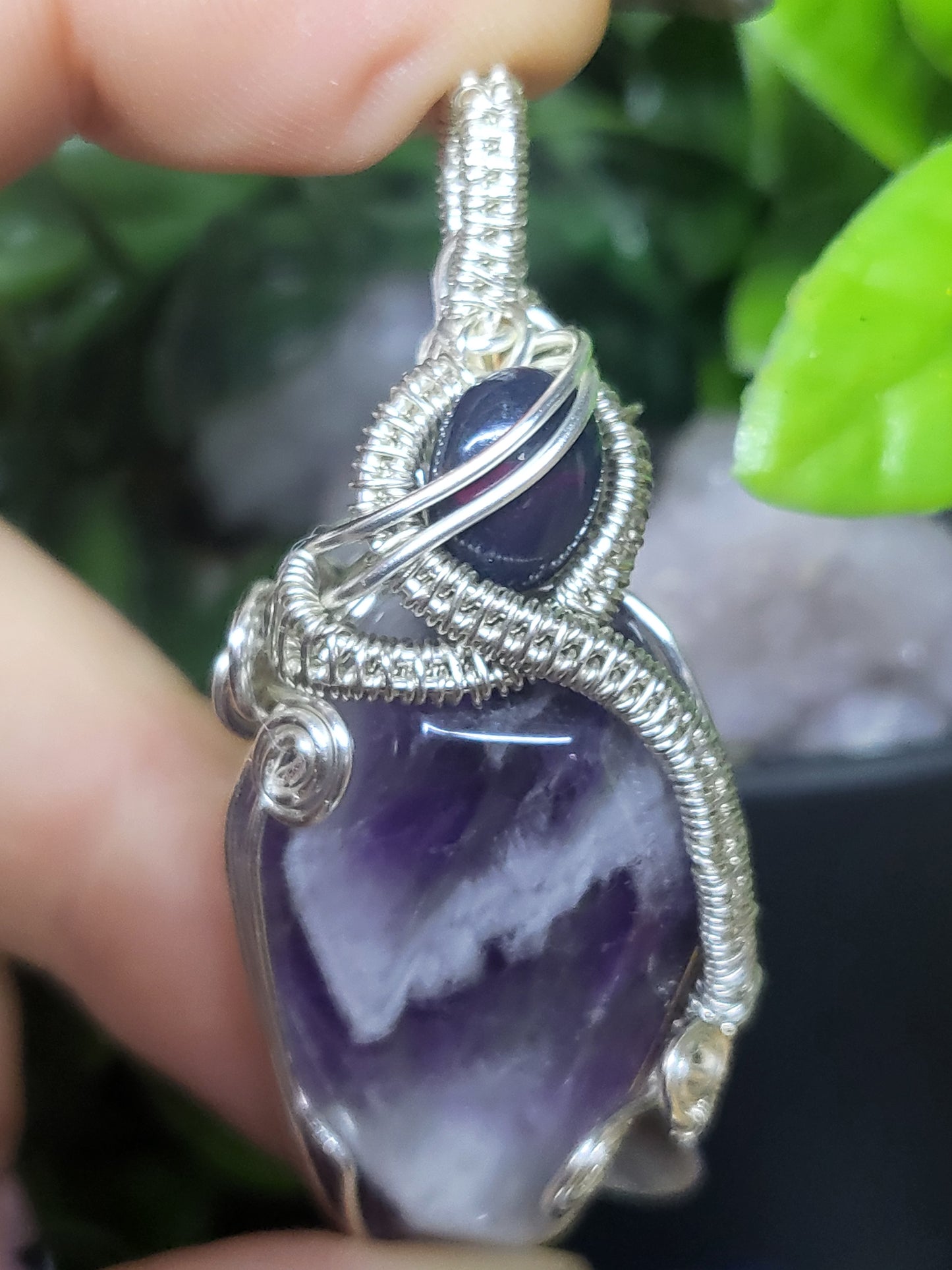 Chevron amethyst coffin pendant with black opal