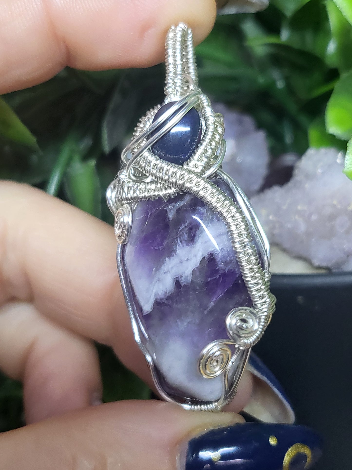 Chevron amethyst coffin pendant with black opal