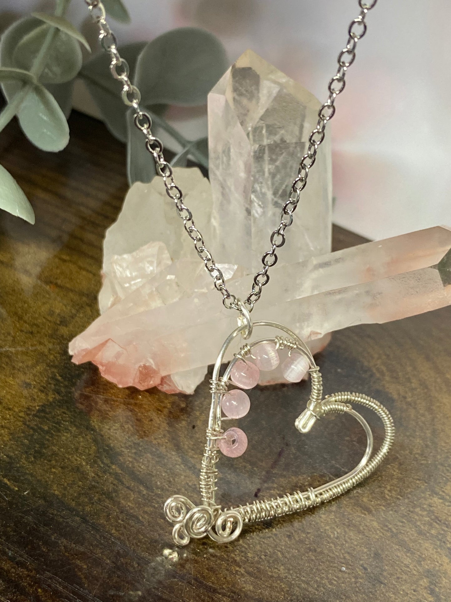 Pink selenite heart pendant