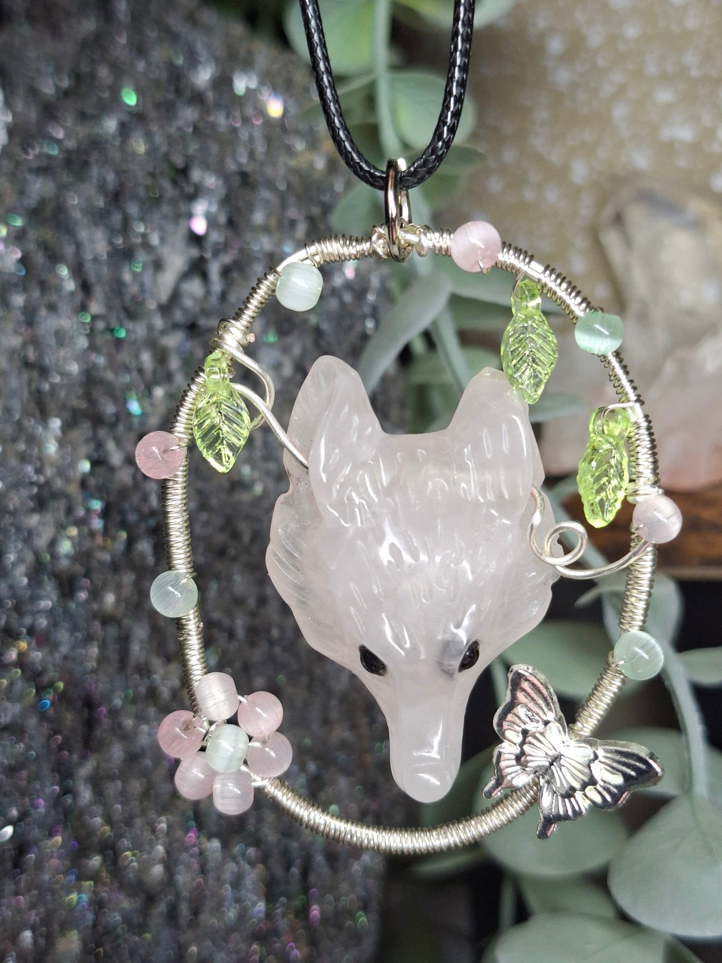 Guardian of the Woods- rose quartz wolf pendant