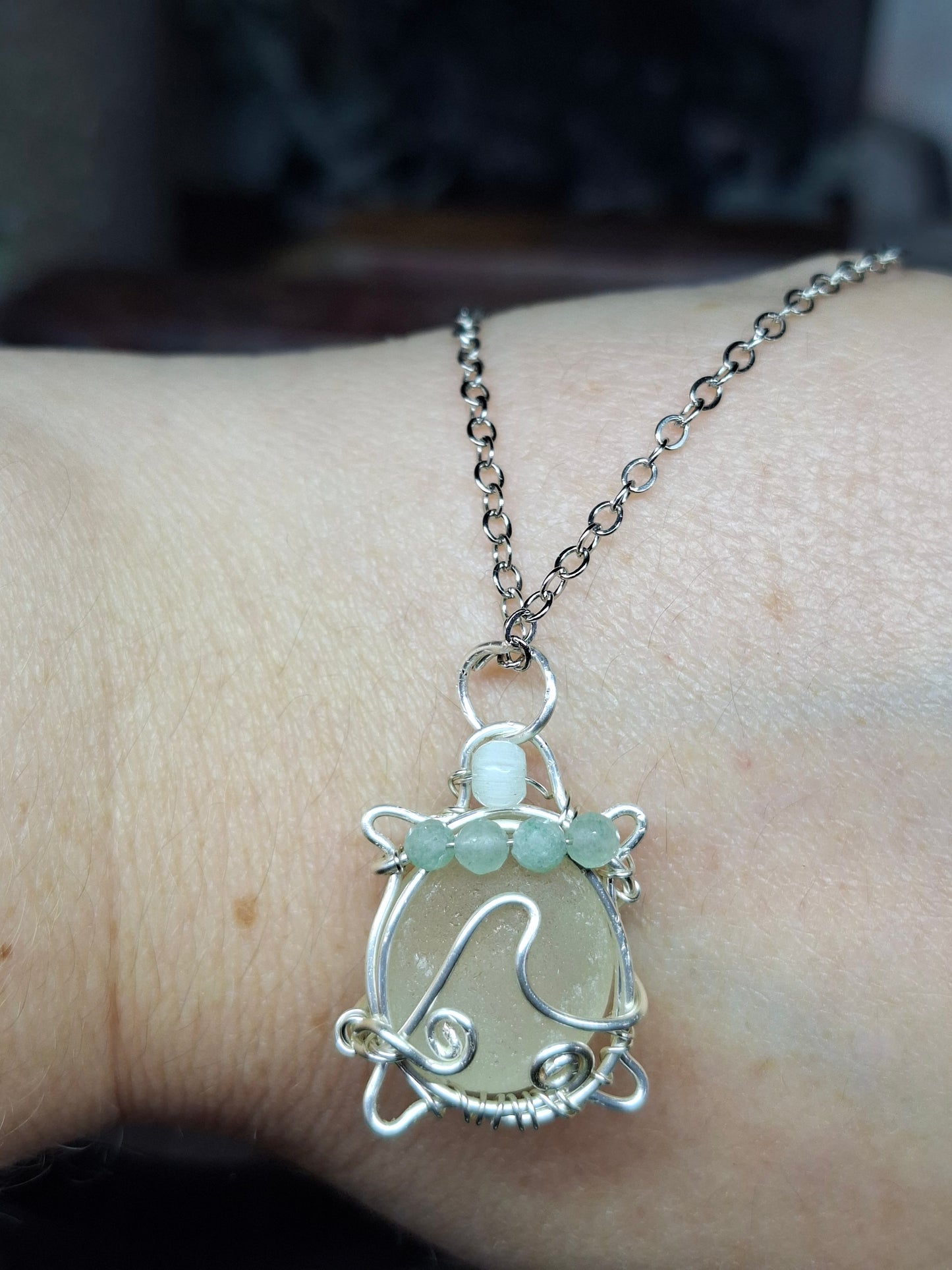 Sea glass and aventurine turtle pendant