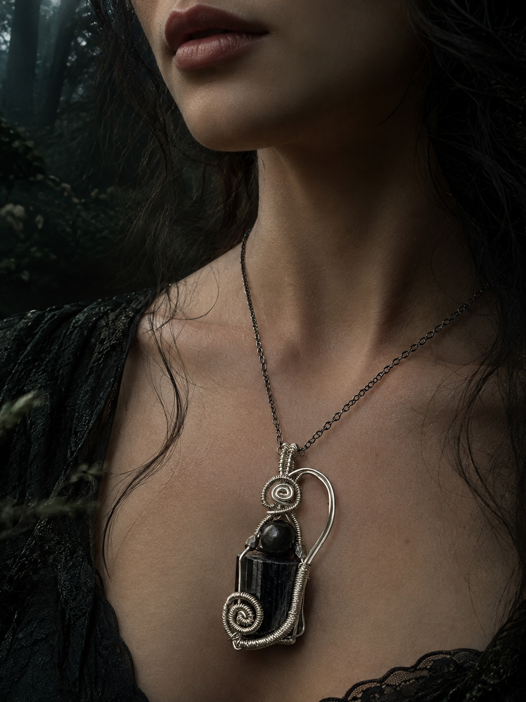 Protection pendant- tourmaline and obsidian