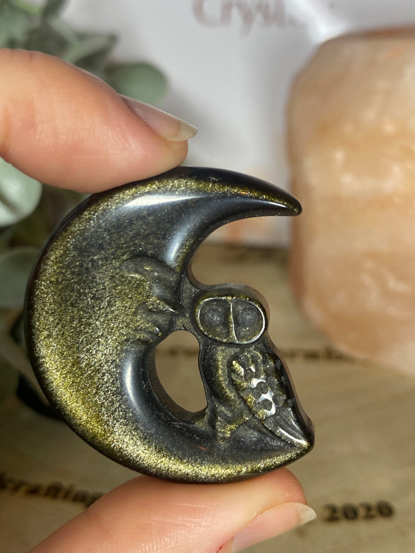 Gold Sheen Obsidian Owl and Moon