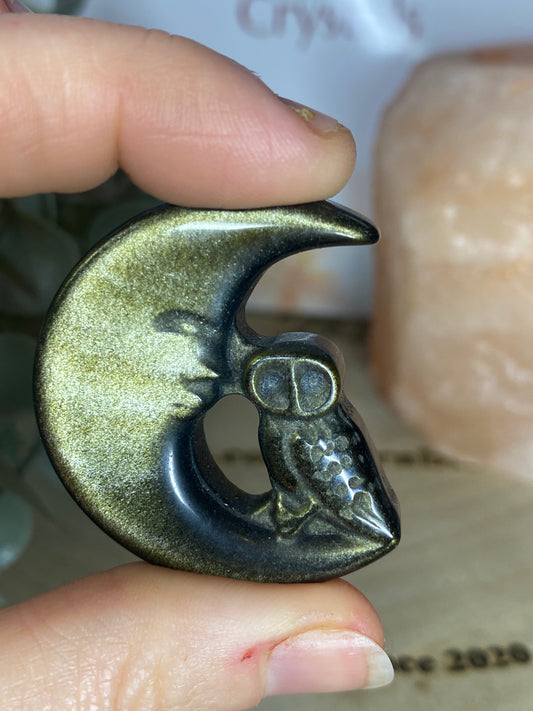 Gold Sheen Obsidian Owl and Moon