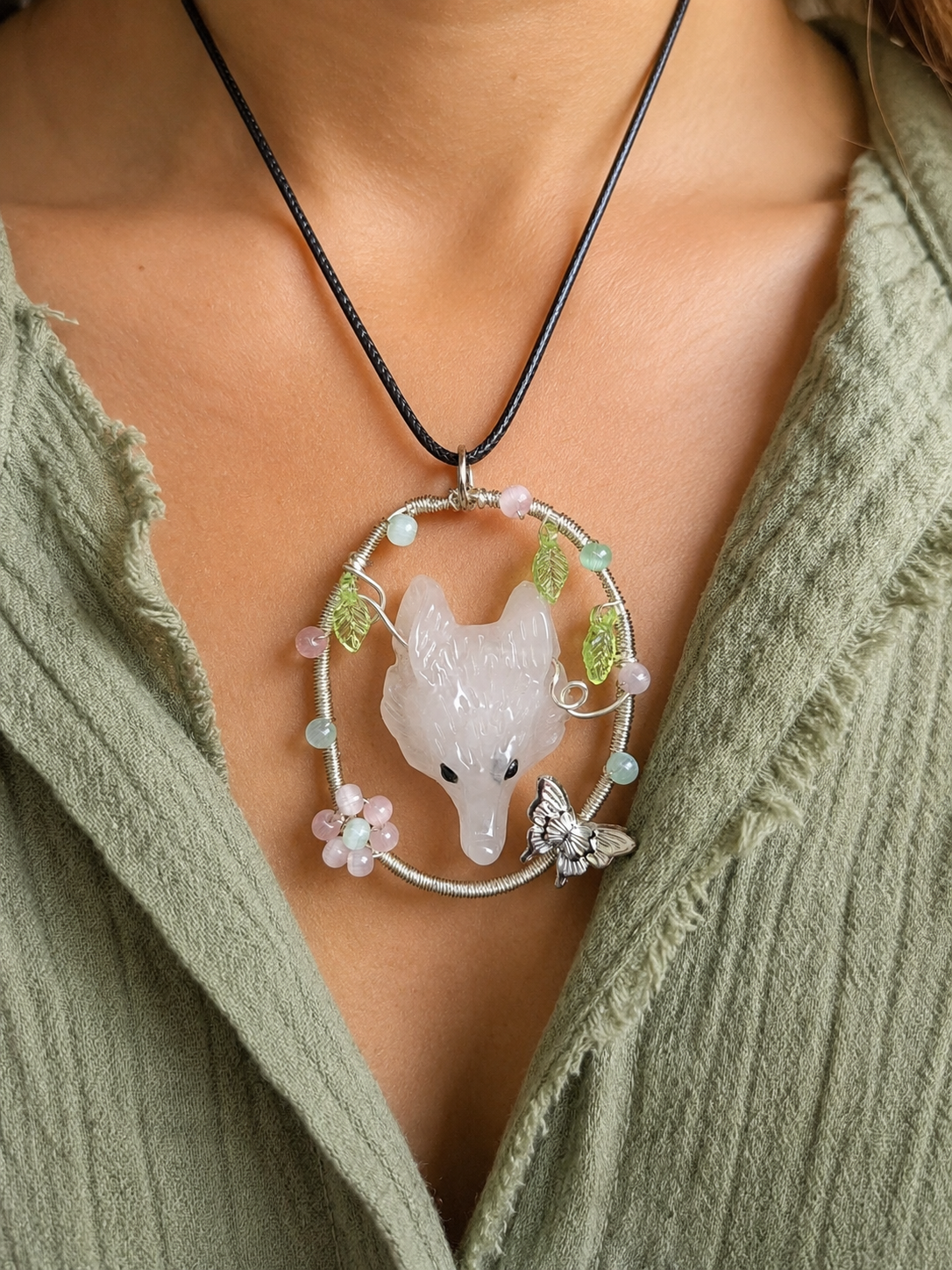 Guardian of the Woods- rose quartz wolf pendant