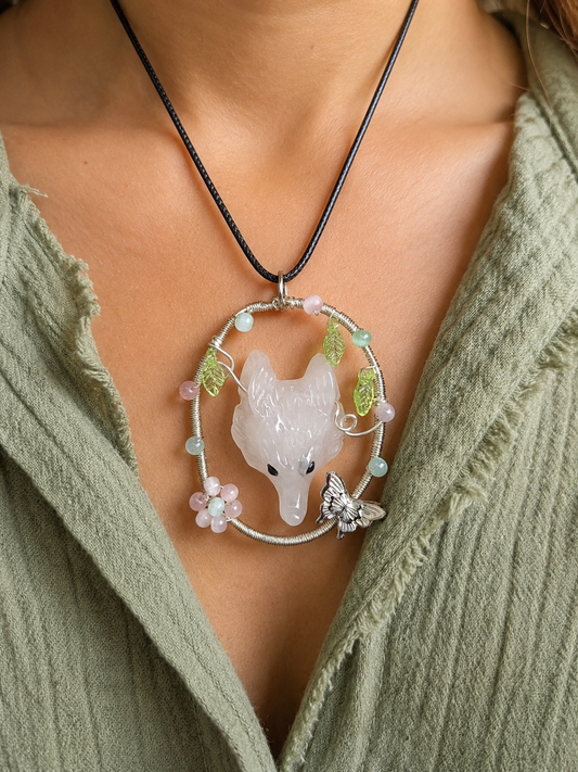 Guardian of the Woods- rose quartz wolf pendant