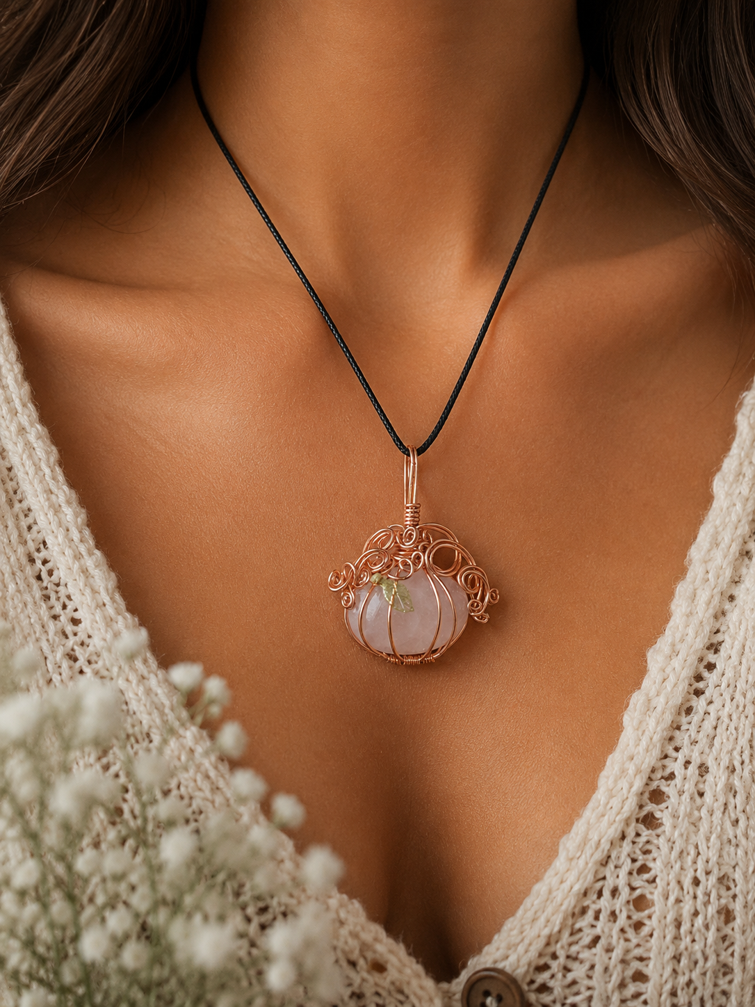 Rose quartz pumpkin pendant