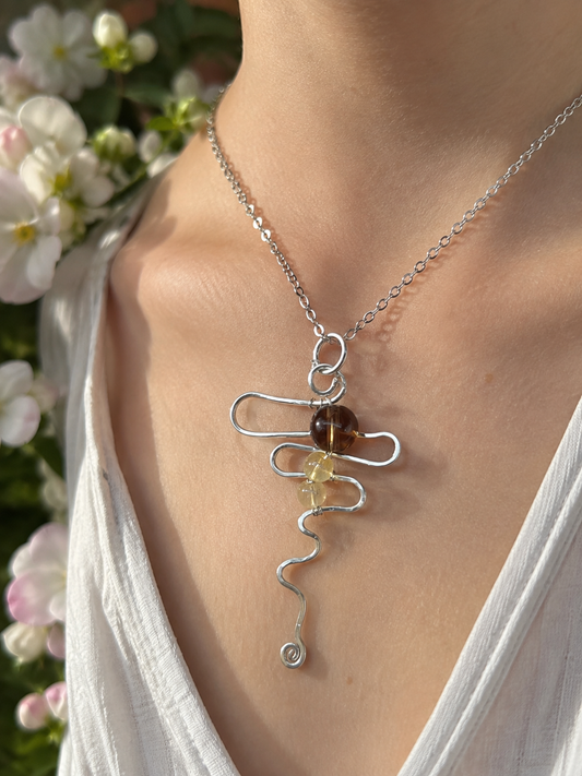Dragonfly pendant with smokey quartz and yellow selenite