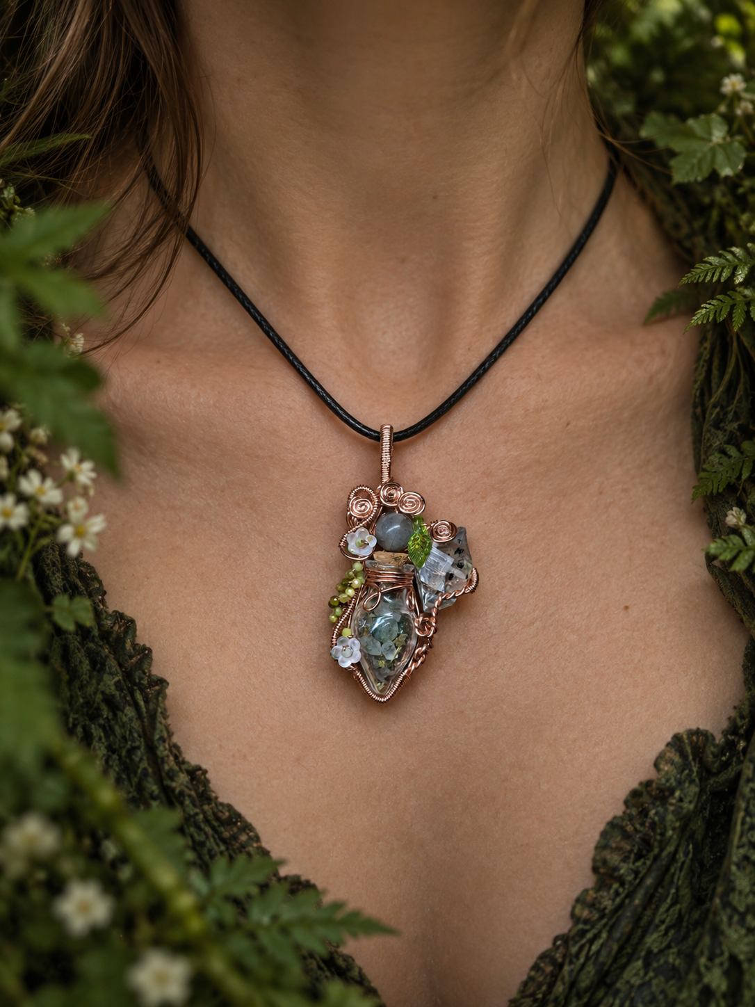 Protection spell jar and herkimer diamond pendant
