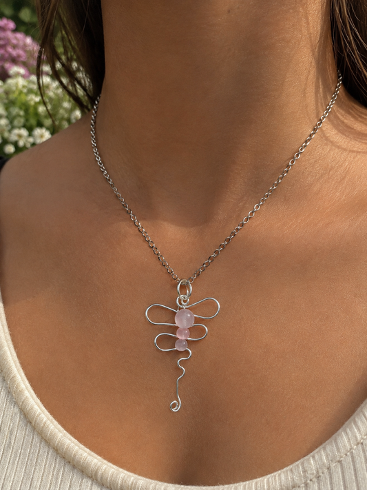 Dragonfly pendant with rose quartz and pink selenite